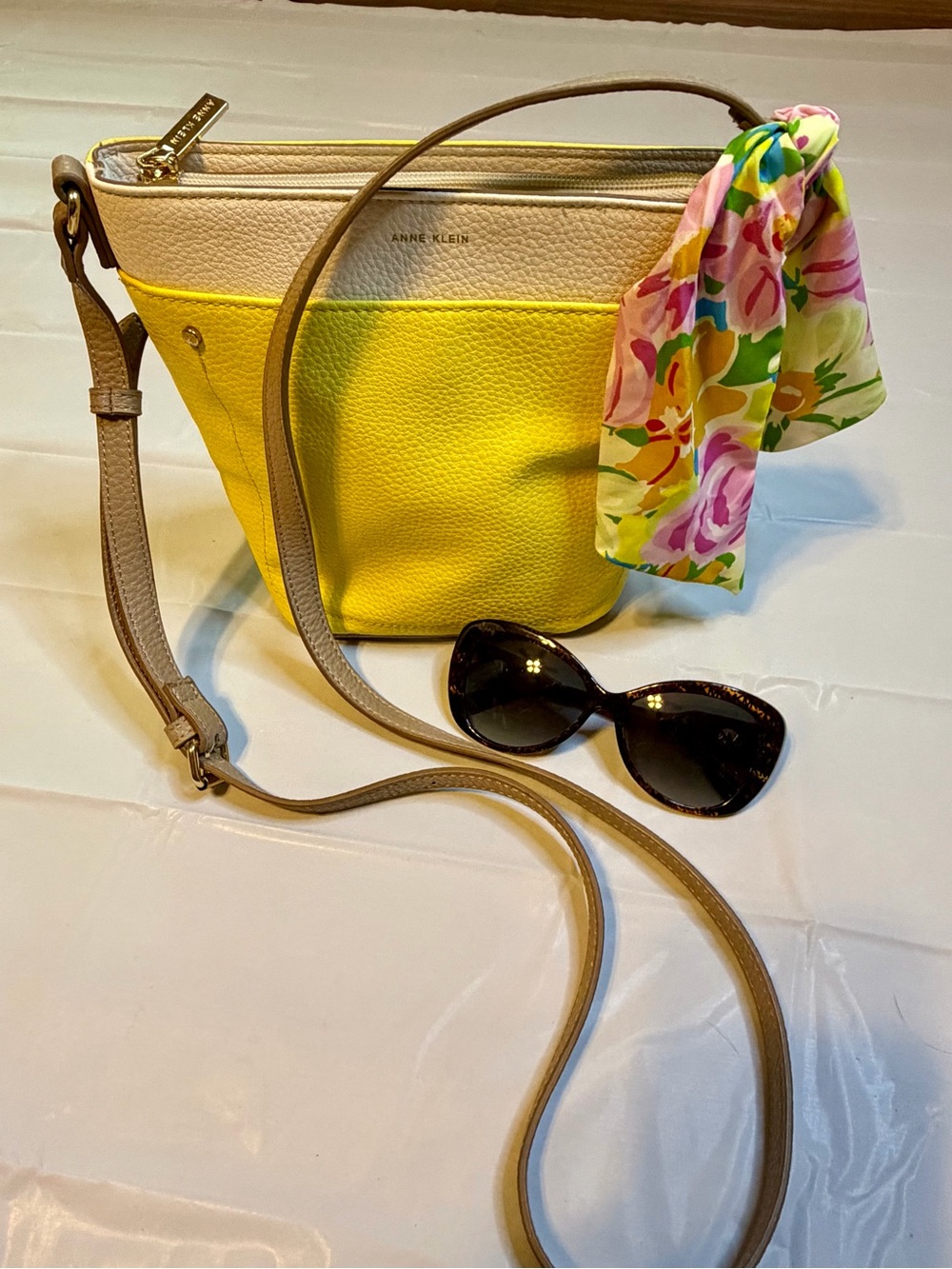 Anne Klein Yellow, White and Gray Leather Crossbody with Floral Scarf - Picture 2 of 8
